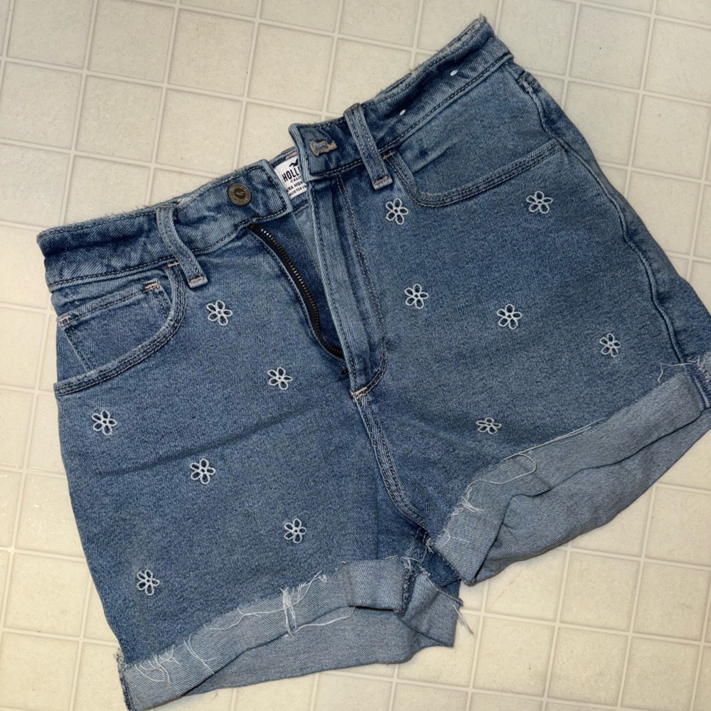 Hollister Light Blue Denim Shorts with White Daisy Embroidery